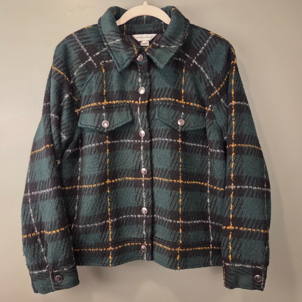 Christopher & Banks Women's Plaid Snap Button Up Shacket Green Multi Size L